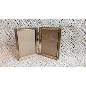 Vintage Gold Tone Metal Double Folding Picture Frame 5x7 Scroll Filigree Hinged